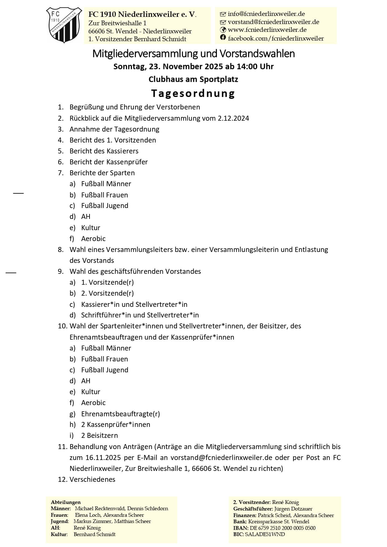 Tagesordnung Mitgliederversammlung mit Vorstandswahlen am 23.11.2025