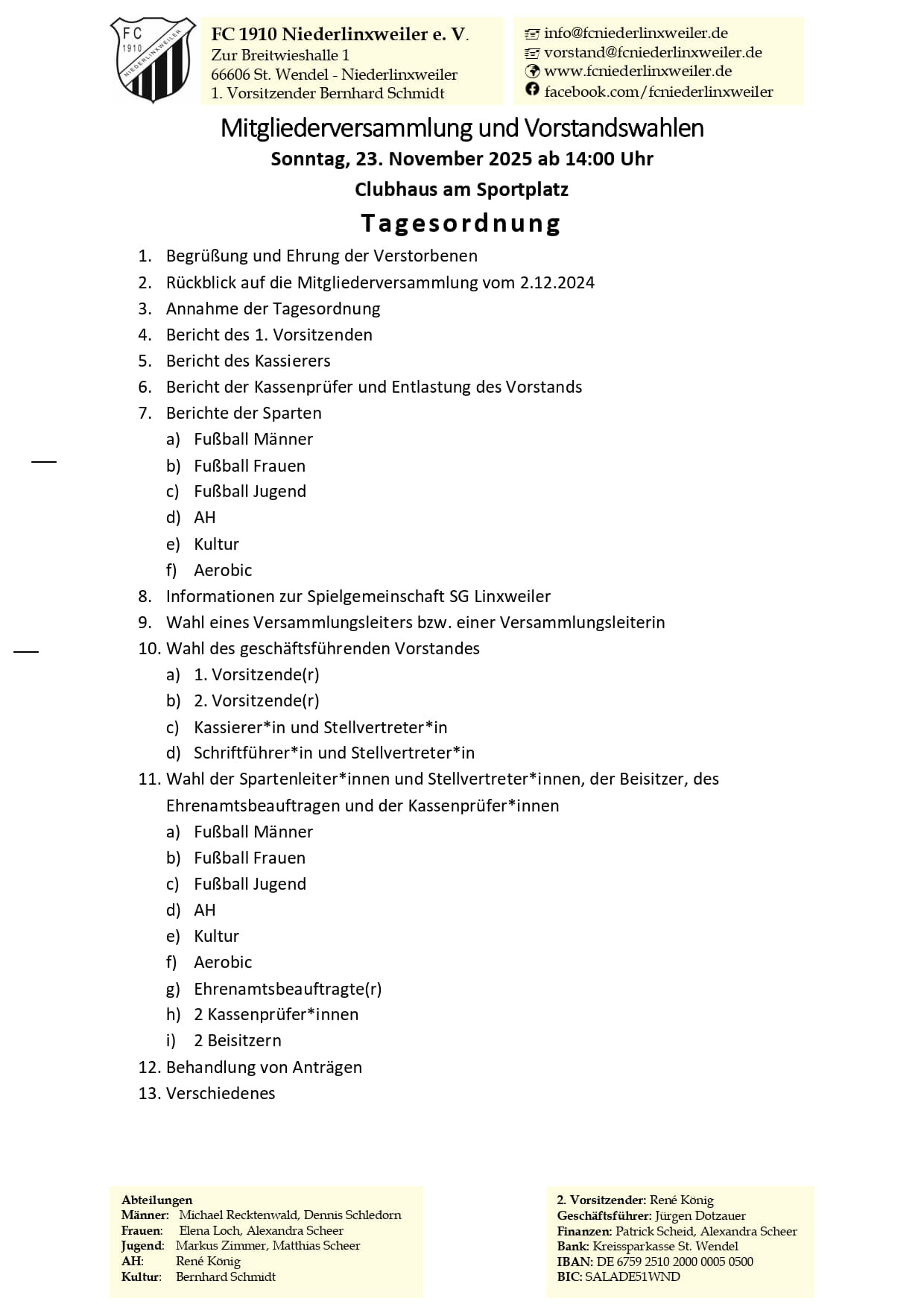 Tagesordnung der Mitgliederversammlung des FC Niederlinxweiler am 23.11.2025